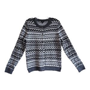 TALBOTS Women M Cardigan Sweater Fair Isle Beaded Gray Black Lambswool Blend 36"